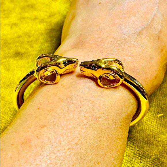 Vintage KJL 22kt Gold Plated Double Rams Head Bracelet w/ Blue Crystal Eyes - Picture 1 of 13
